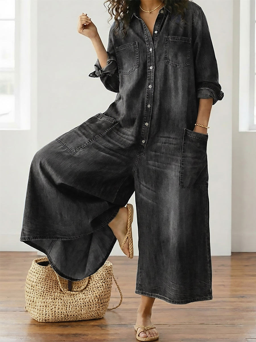 Saylor - Salopette en denim vintage doux délavé avec boutons
