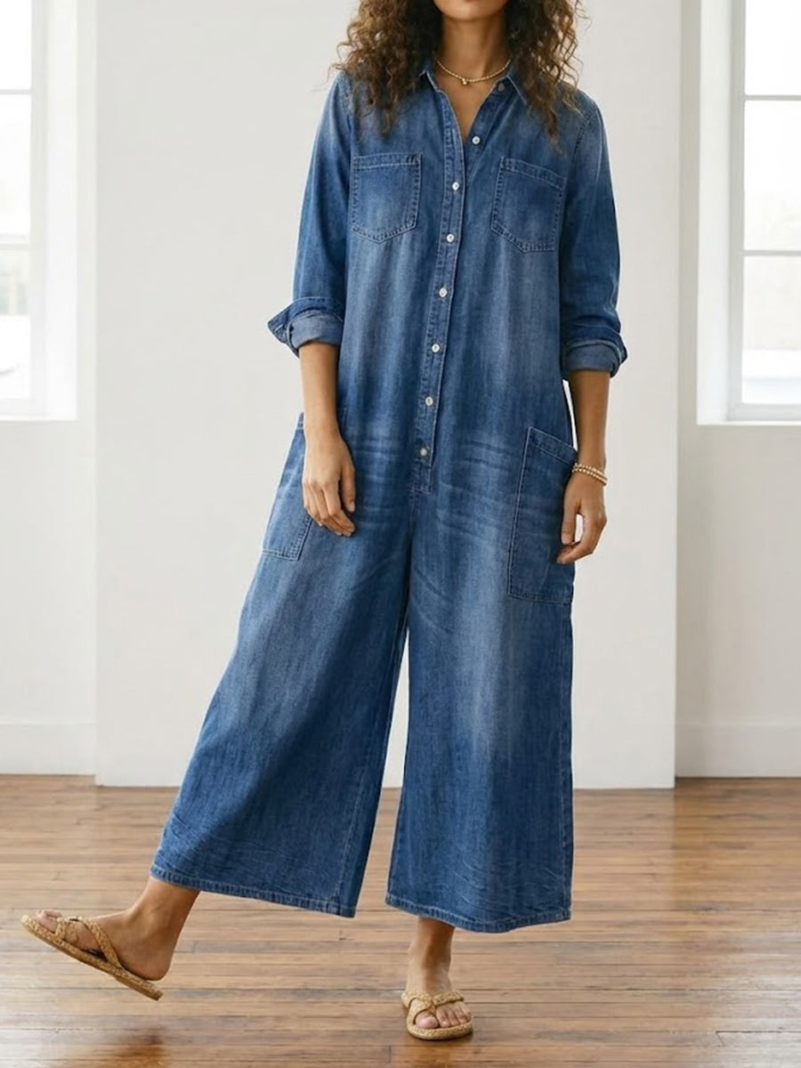 Saylorr - Salopette en denim vintage doux délavé avec boutons