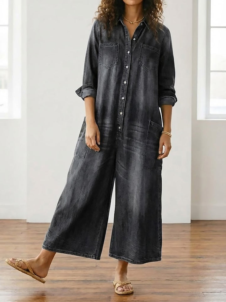Saylorr - Salopette en denim vintage doux délavé avec boutons