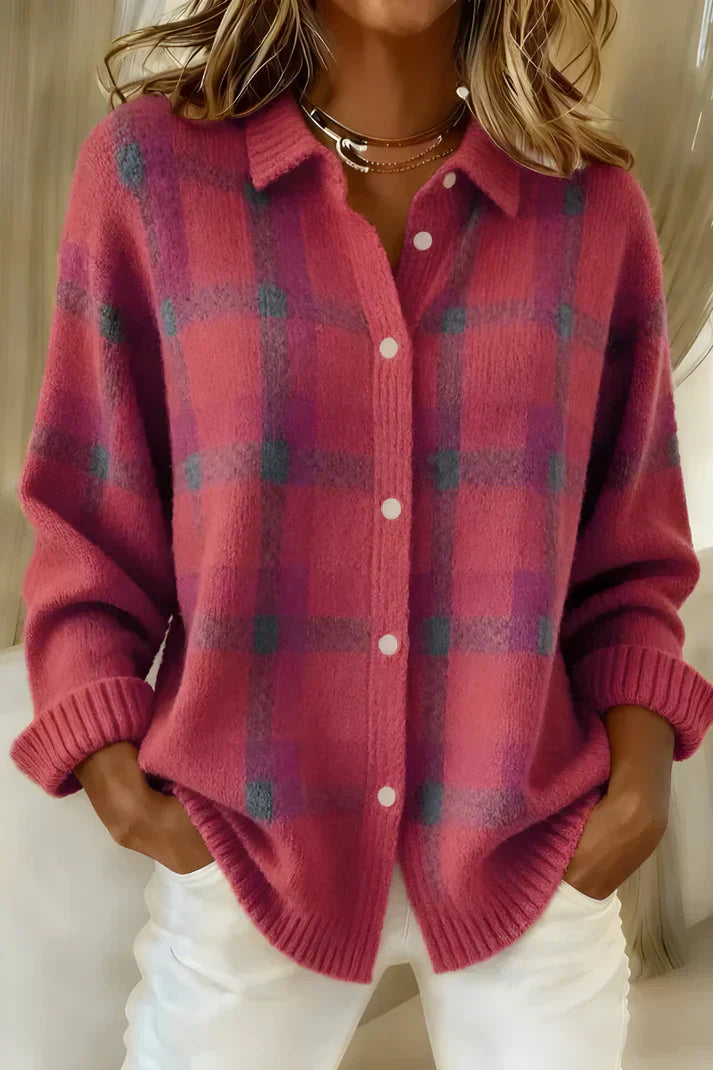 Denise | Cardigan en Tricot à Motif Carreaux Roses