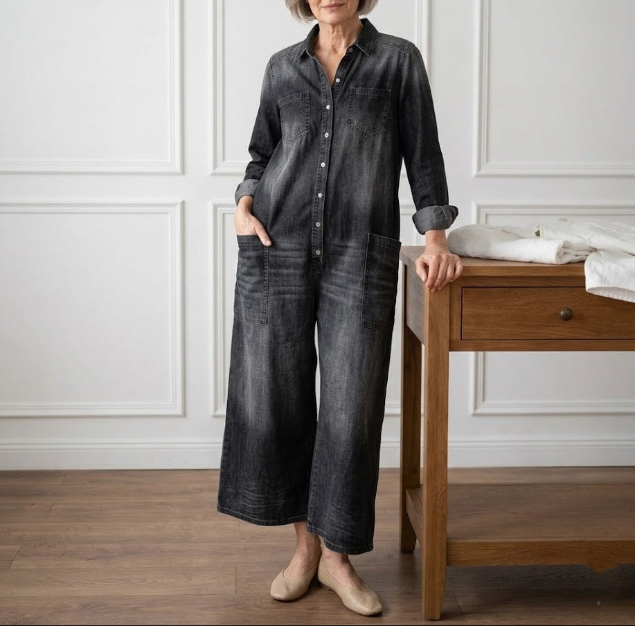 Saylor - Salopette en denim vintage doux délavé avec boutons