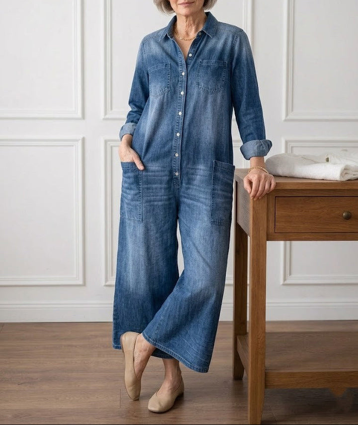 Saylorr - Salopette en denim vintage doux délavé avec boutons