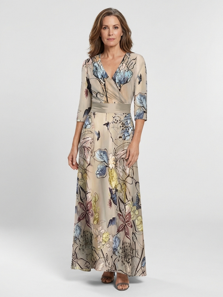 Margaret | Robe maxi portefeuille à fleurs avec manches trois quarts