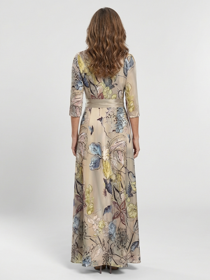 Margaret | Robe maxi portefeuille à fleurs avec manches trois quarts