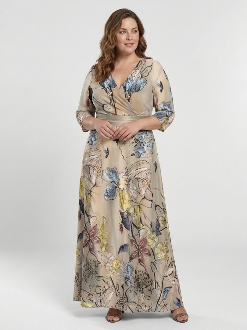 Margaret | Robe maxi portefeuille à fleurs avec manches trois quarts