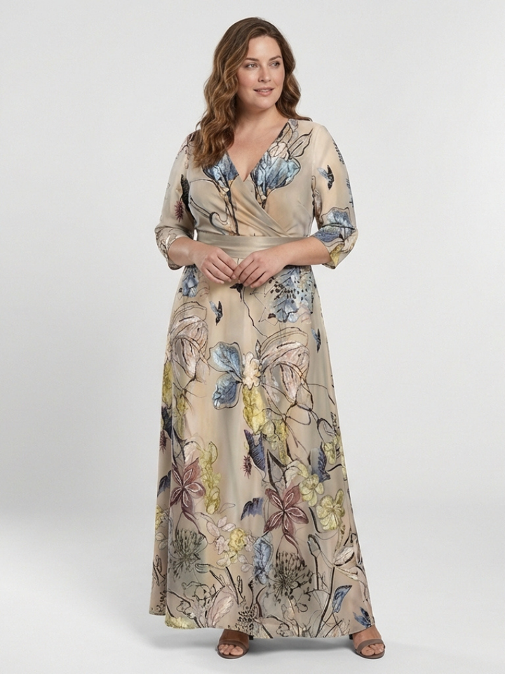 Margaret | Robe maxi portefeuille à fleurs avec manches trois quarts