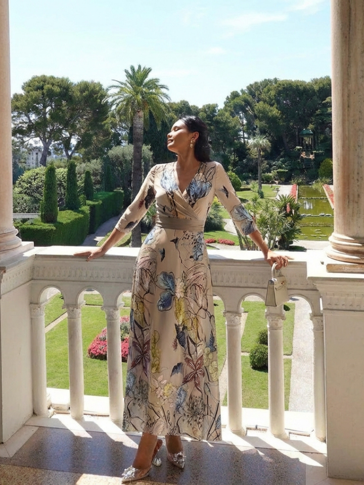 Margaret | Robe maxi portefeuille à fleurs avec manches trois quarts