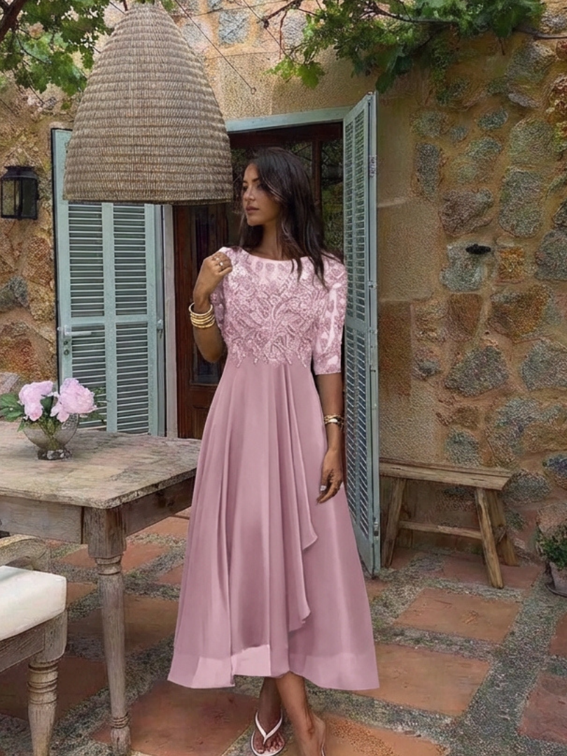 Vivian | Robe Midi avec Corsage en Dentelle et Manches 3/4