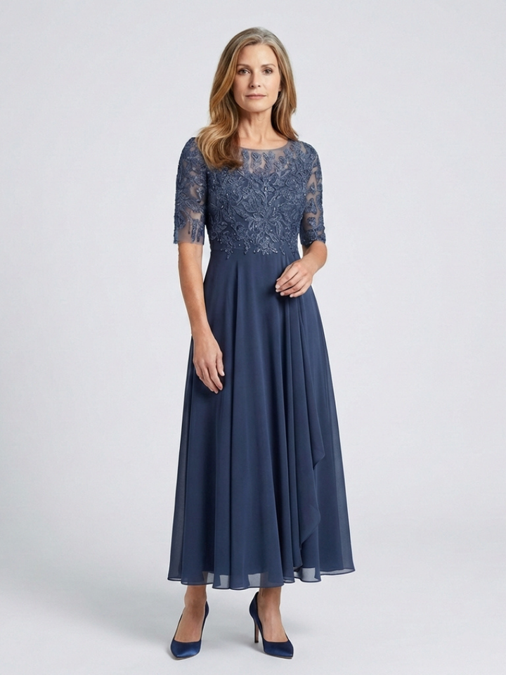 Vivian | Robe Midi avec Corsage en Dentelle et Manches 3/4