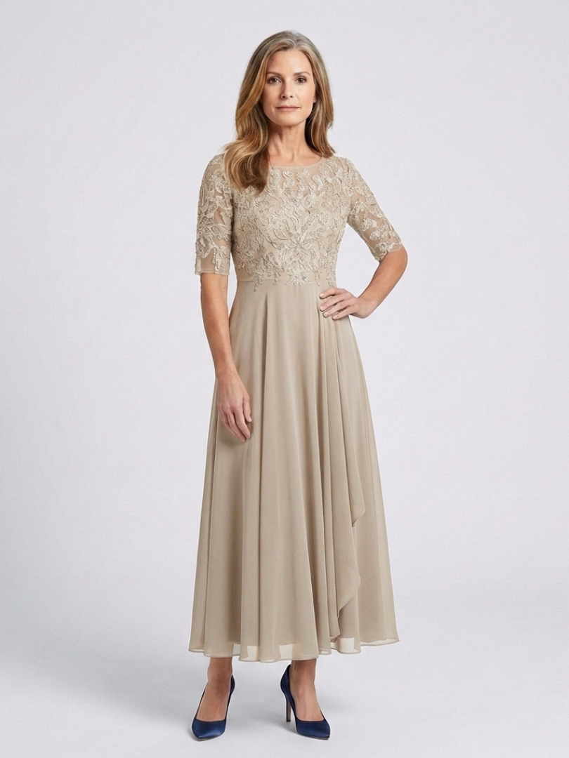 Vivian | Robe Midi avec Corsage en Dentelle et Manches 3/4