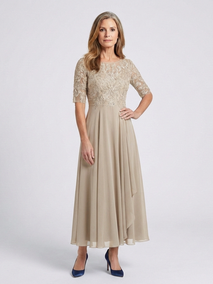 Vivian | Robe Midi avec Corsage en Dentelle et Manches 3/4