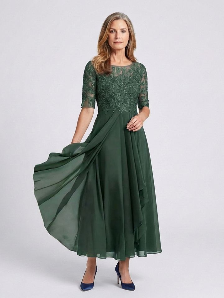 Vivian | Robe Midi avec Corsage en Dentelle et Manches 3/4
