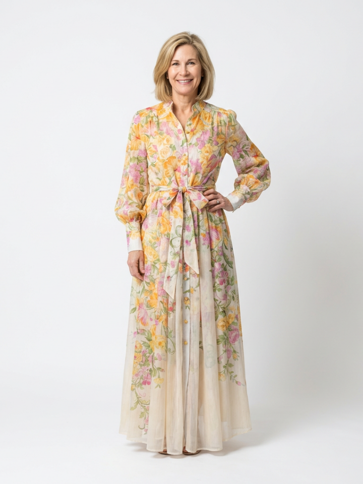 Cressida | Robe maxi longue à manches longues en tissu floral léger