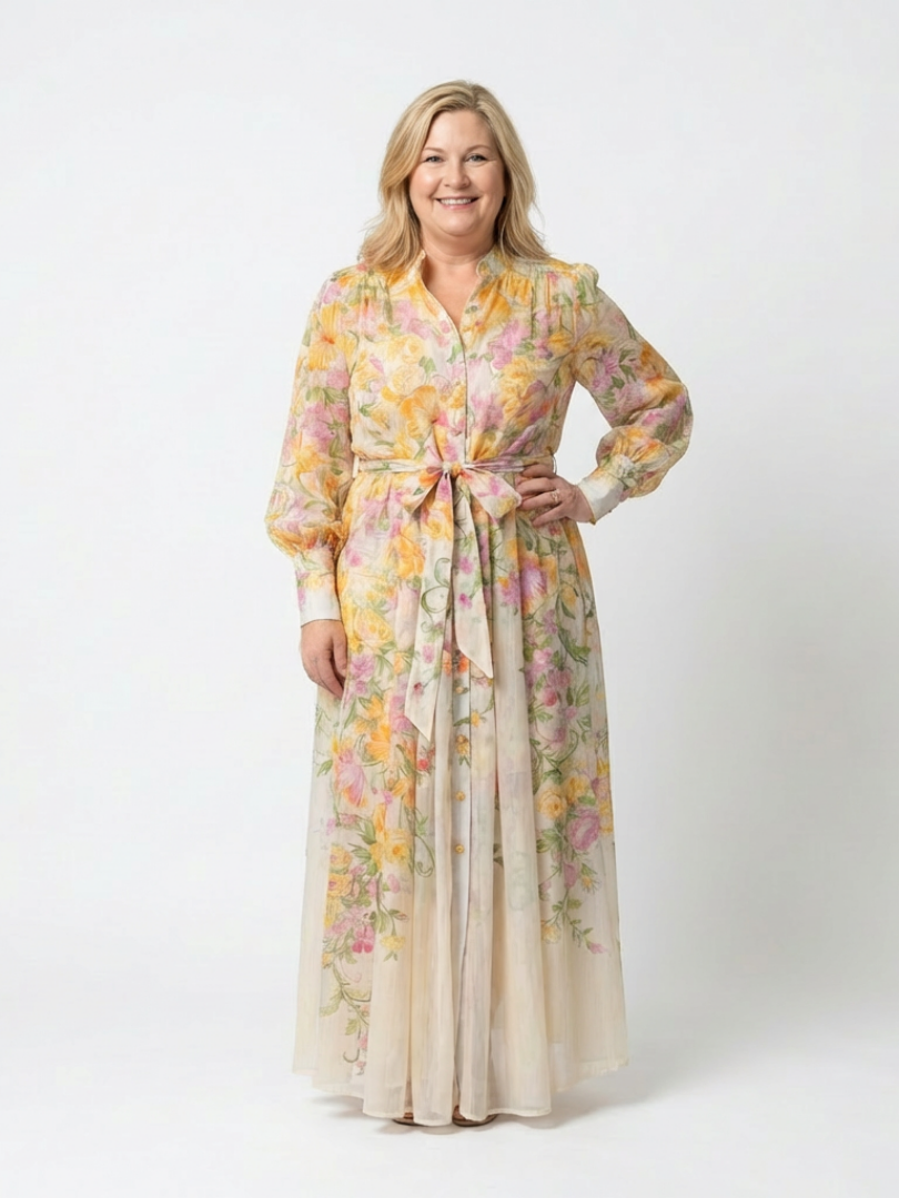 Cressida | Robe maxi longue à manches longues en tissu floral léger