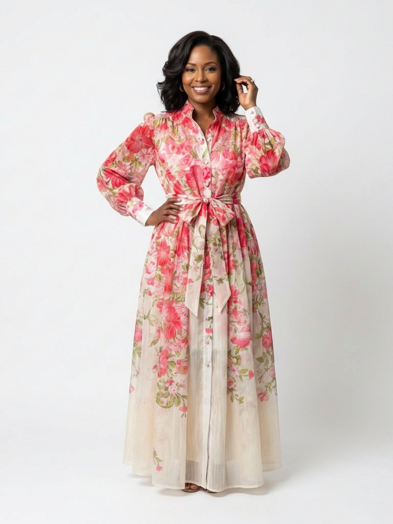 Cressida | Robe maxi longue à manches longues en tissu floral léger