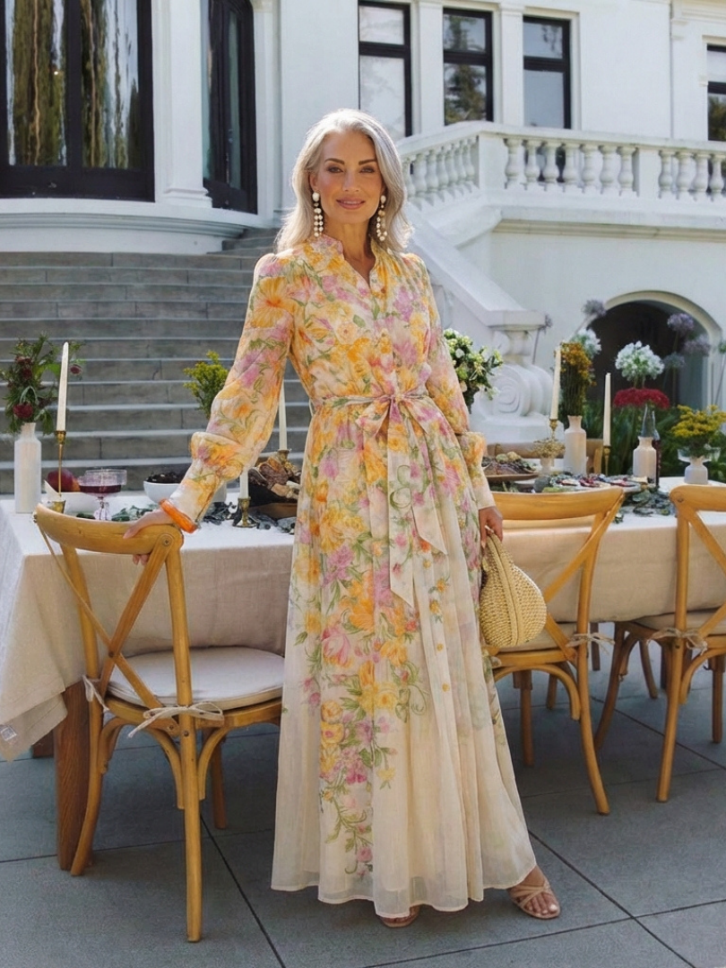 Cressida | Robe maxi longue à manches longues en tissu floral léger