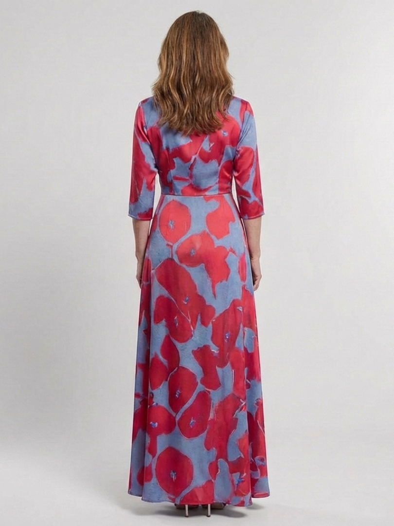 Danielle | Robe Maxi Fleurie à Manches Trois Quarts et Décolleté en V