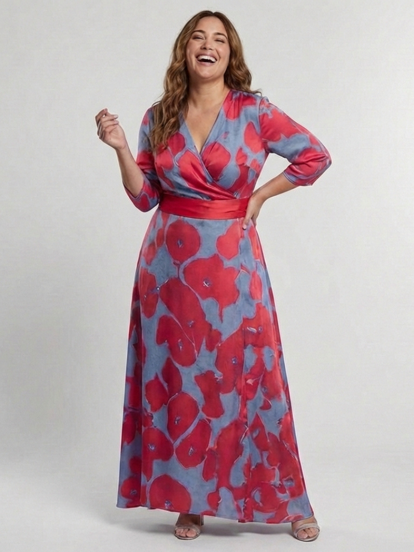 Danielle | Robe Maxi Fleurie à Manches Trois Quarts et Décolleté en V