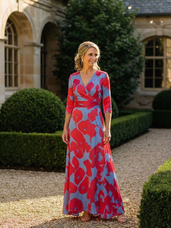 Danielle | Robe Maxi Fleurie à Manches Trois Quarts et Décolleté en V