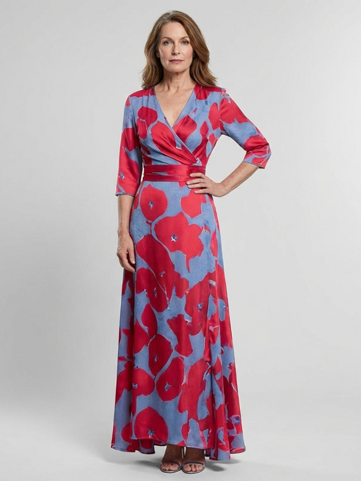 Danielle | Robe Maxi Fleurie à Manches Trois Quarts et Décolleté en V